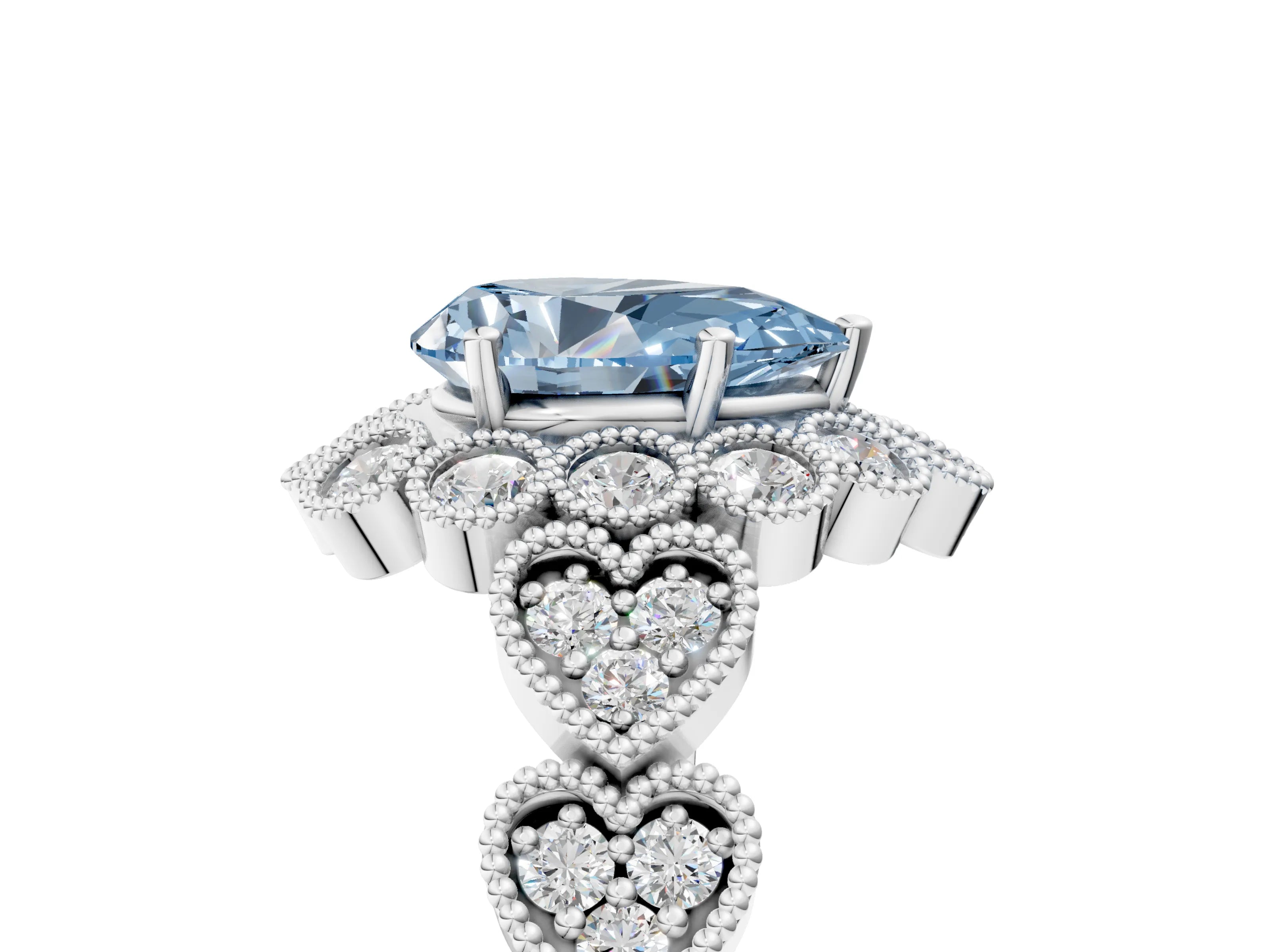 White gold Fancy Blue Pear Cut Brilliant Milgrain Pave Heart Band Solitaire Ring_5