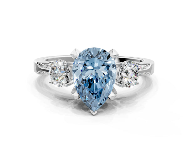 White gold Fancy Blue Pear Cut Brilliant Three-Stone Diamond Ring with Pavé Band and Four-Prong Setting