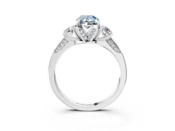 White gold Fancy Blue Pear Cut Brilliant Three-Stone Diamond Ring with Pavé Band and Four-Prong Setting
