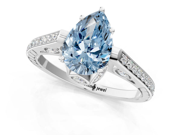 White gold Fancy Blue Pear  Cut Cathedral Pave Diamond Engagement Ring with Six-Prong Setting