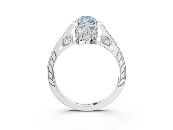 White gold Fancy Blue Pear  Cut Cathedral Pave Diamond Engagement Ring with Six-Prong Setting