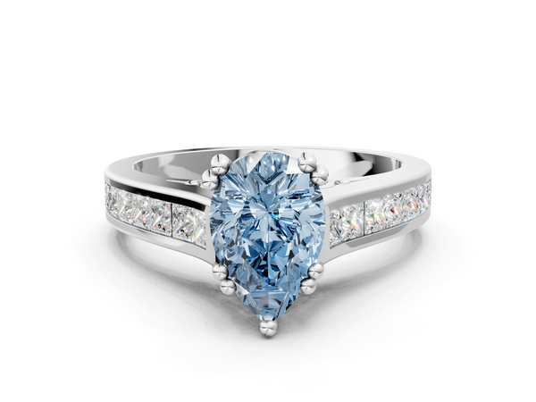 White gold Fancy Blue Pear  Cut Channel Set Solitaire Engagement Ring with Prong Setting