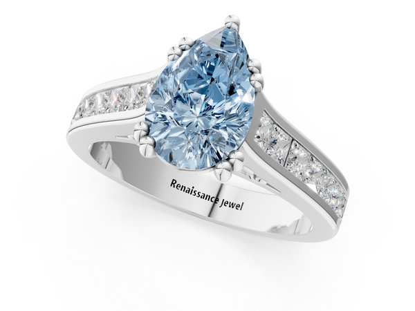 White gold Fancy Blue Pear  Cut Channel Set Solitaire Engagement Ring with Prong Setting