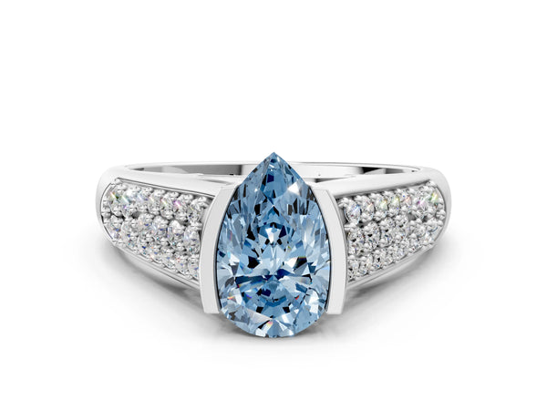 White gold Fancy Blue Pear Cut Diamond Channel Set Pave Band with Tension Prong Setting