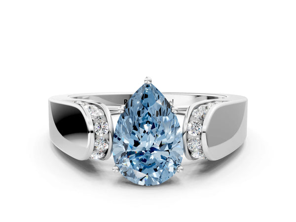 Platinum Fancy Blue Pear Cut Cut Diamond Channel Set Solitaire Ring with Four-Prong Setting