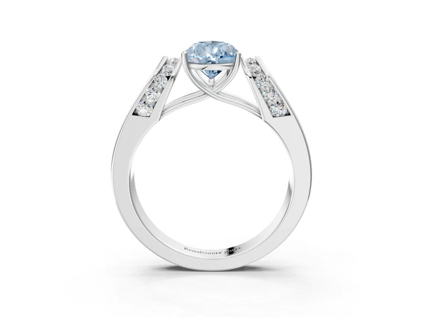Platinum Fancy Blue Pear Cut Cut Diamond Channel Set Solitaire Ring with Four-Prong Setting