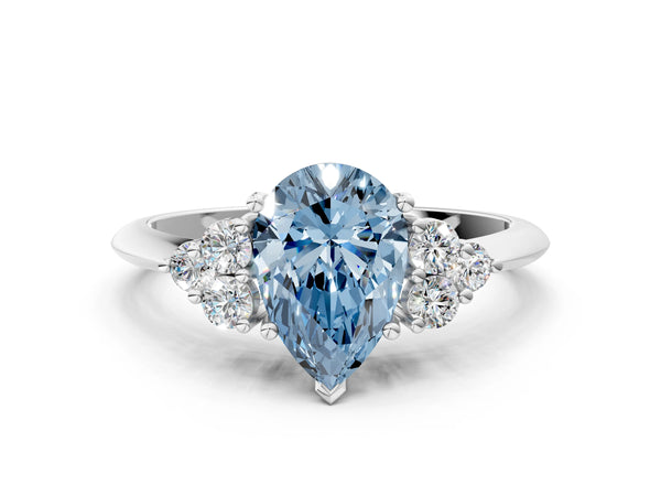 Platinum Fancy Blue Pear Cut Cut Diamond Cluster Ring with Solitaire Band and Four-Prong Setting