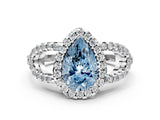 White gold Fancy Blue Pear Cut Cut Diamond Halo Engagement Ring with Open Split Pavé Band