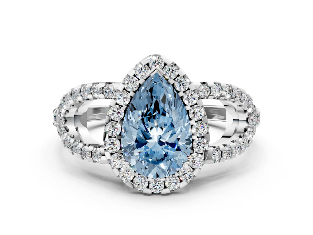 White gold Fancy Blue Pear Cut Cut Diamond Halo Engagement Ring with Open Split Pavé Band