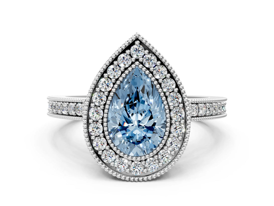White gold Fancy Blue Pear Cut-Cut Diamond Halo Engagement Ring with Pave Band and Prong Setting