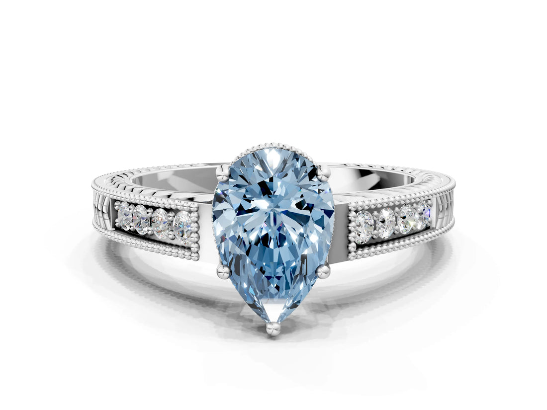 White gold Fancy Blue Pear Cut Cut Diamond Milgrain Pave Band Four-Prong Setting Ring_15