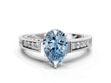 White gold Fancy Blue Pear Cut Cut Diamond Milgrain Pave Band Four-Prong Setting Ring_15