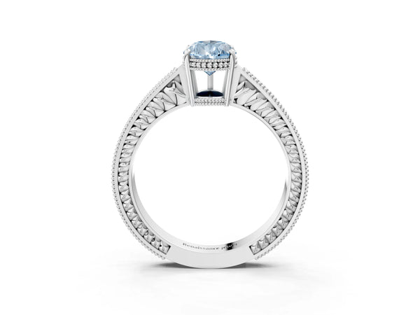 Platinum Fancy Blue Pear Cut Cut Diamond Milgrain Pave Band Four-Prong Setting Ring