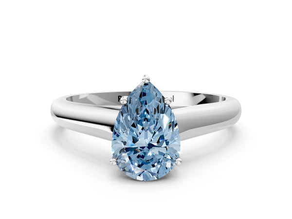 Platinum Fancy Blue Pear Cut Cut Diamond Solitaire Engagement Ring with Tapered Plain Band and Four-Prong Setting