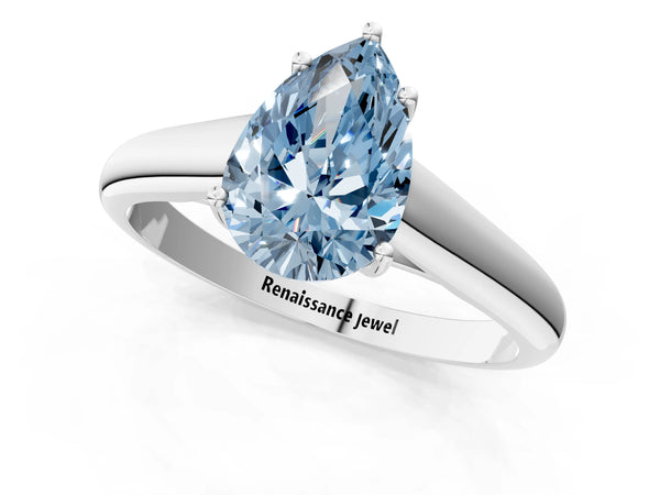 Platinum Fancy Blue Pear Cut Cut Diamond Solitaire Engagement Ring with Tapered Plain Band and Four-Prong Setting