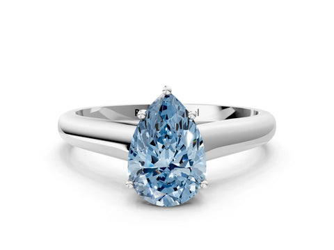 White gold Fancy Blue Pear Cut Cut Diamond Solitaire Engagement Ring with Tapered Plain Band and Four-Prong Setting