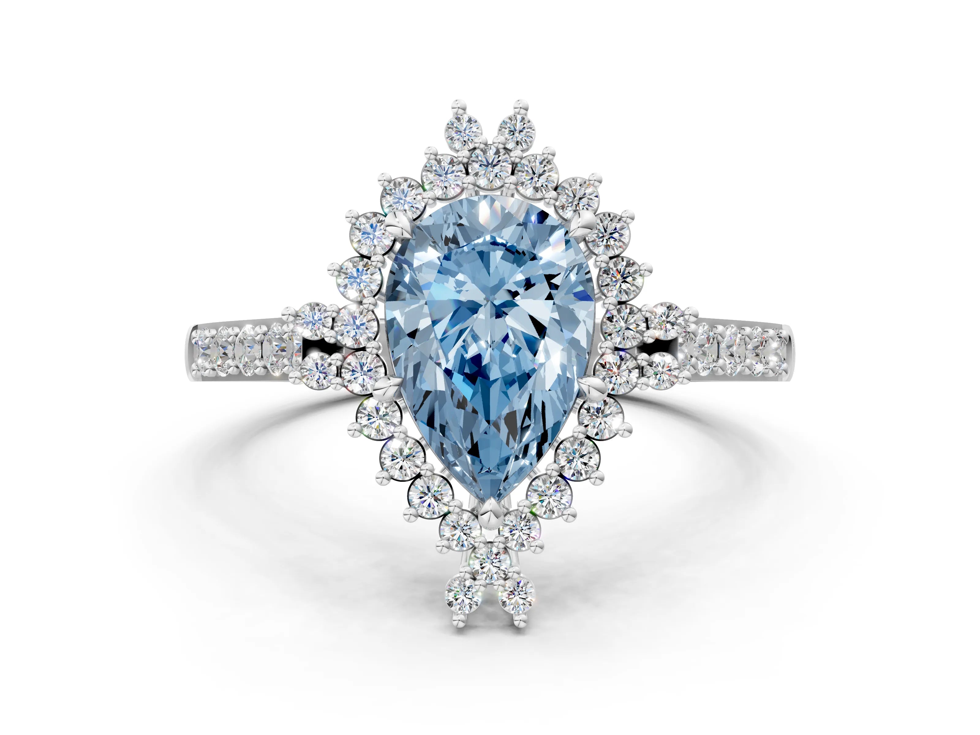 White gold Fancy Blue Pear Cut Cut Diamond Sunburst Halo Engagement Ring with Pavé Band