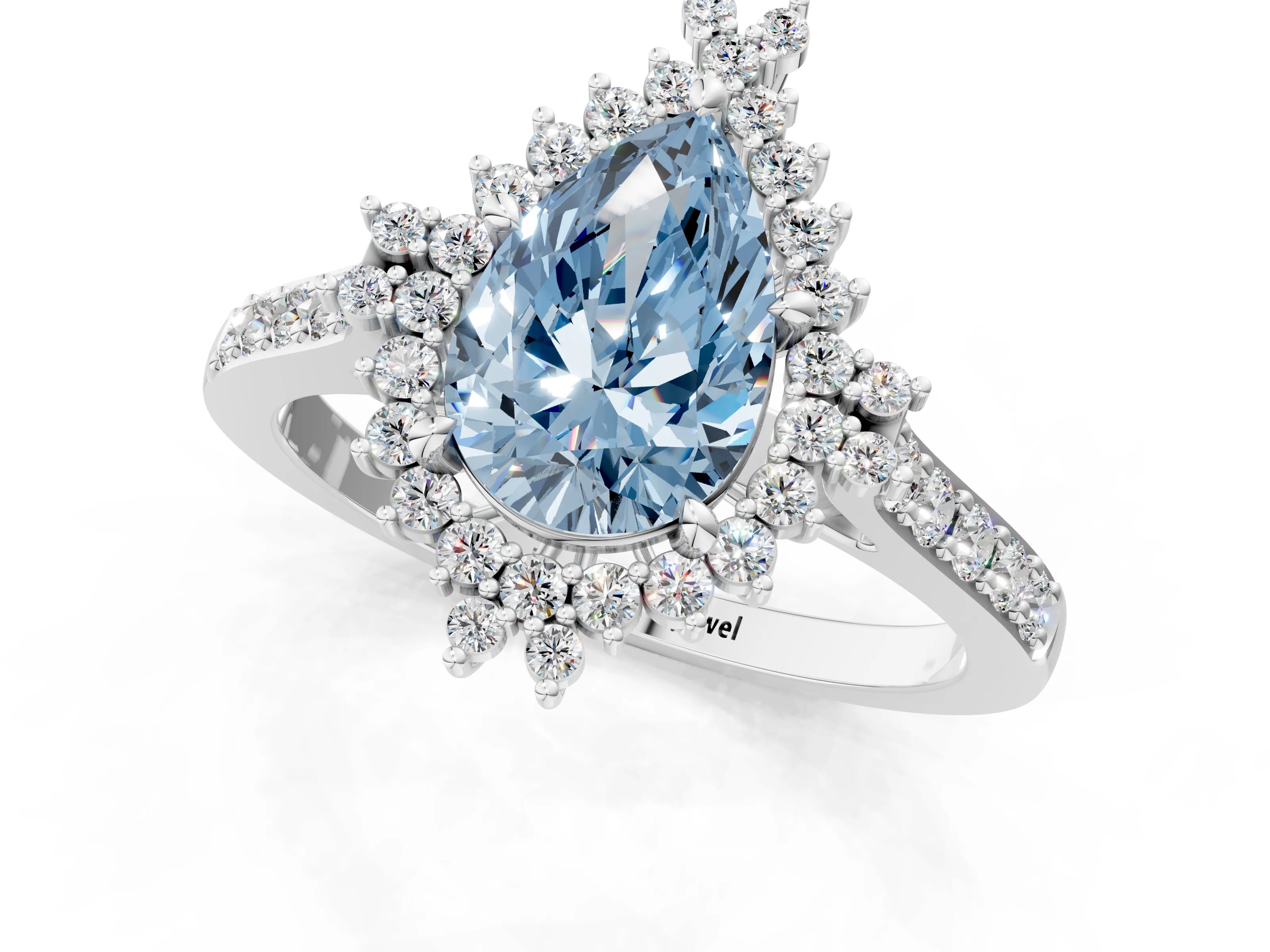 White gold Fancy Blue Pear Cut Cut Diamond Sunburst Halo Engagement Ring with Pavé Band_1