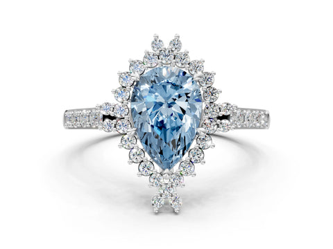 White gold Fancy Blue Pear Cut Cut Diamond Sunburst Halo Engagement Ring with Pavé Band