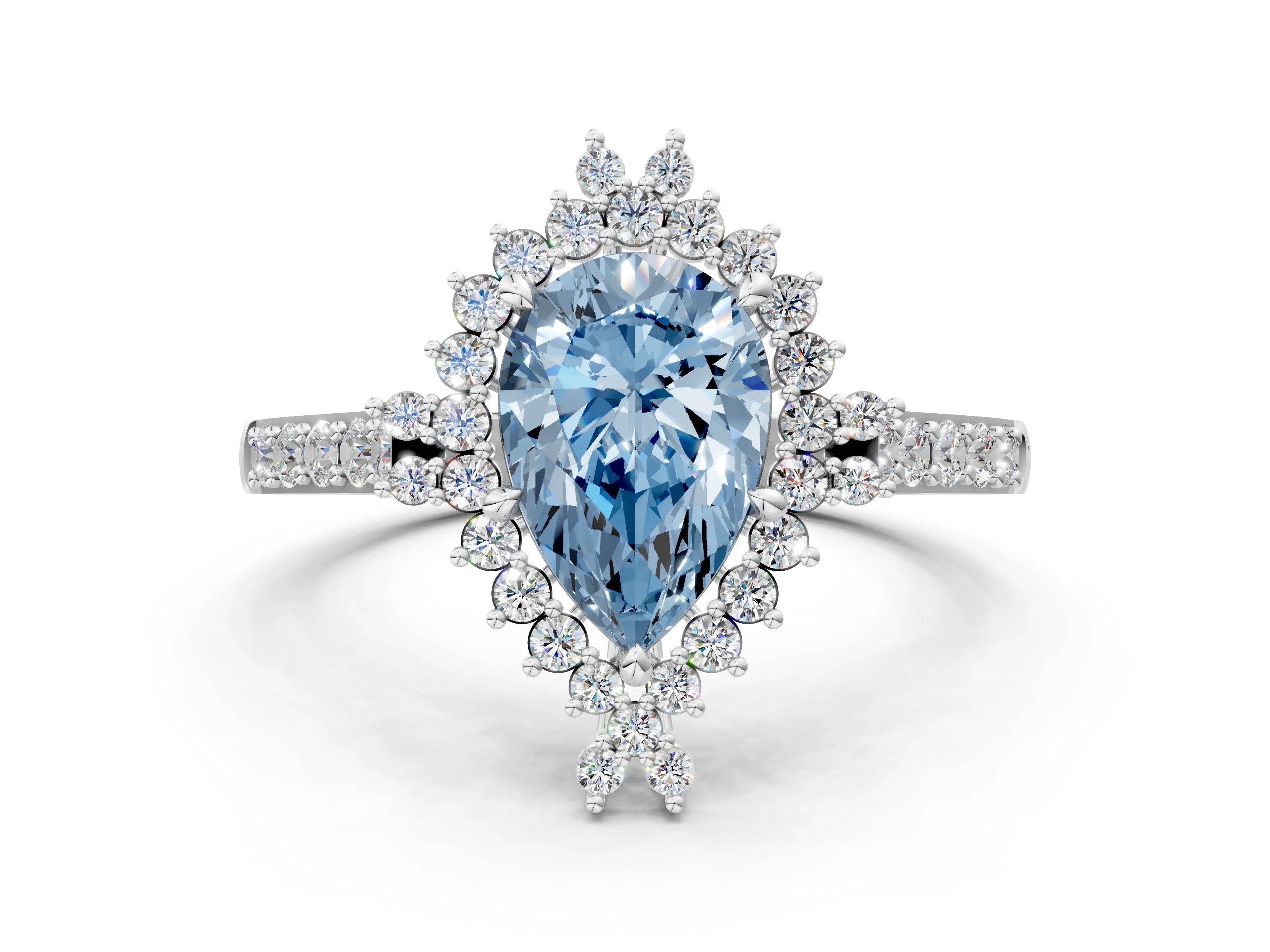 White gold Fancy Blue Pear Cut Cut Diamond Sunburst Halo Engagement Ring with Pavé Band_12