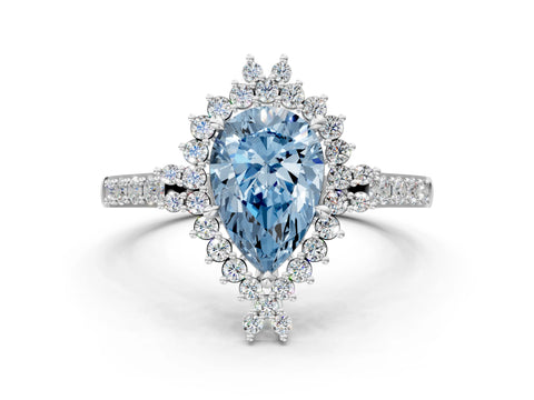 White gold Fancy Blue Pear Cut Cut Diamond Sunburst Halo Engagement Ring with Pavé Band_12