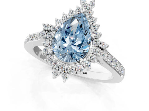 White gold Fancy Blue Pear Cut Cut Diamond Sunburst Halo Engagement Ring with Pavé Band_13