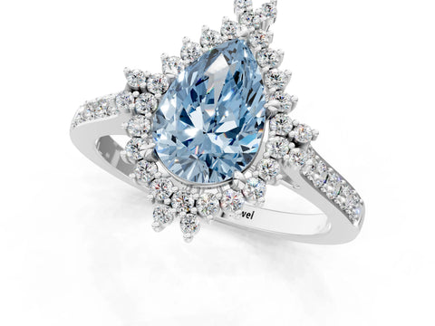 White gold Fancy Blue Pear Cut Cut Diamond Sunburst Halo Engagement Ring with Pavé Band_1
