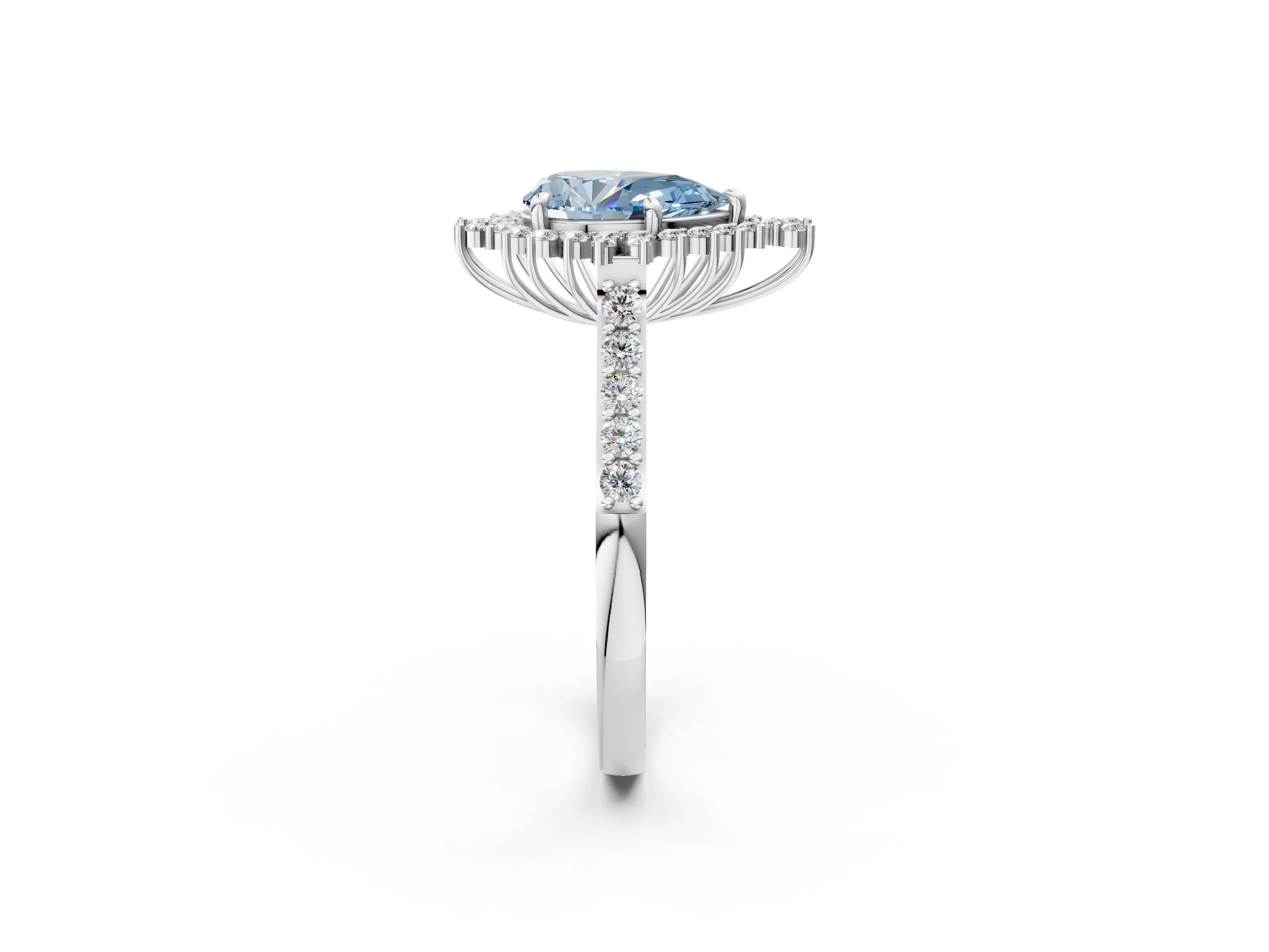 White gold Fancy Blue Pear Cut Cut Diamond Sunburst Halo Engagement Ring with Pavé Band_2