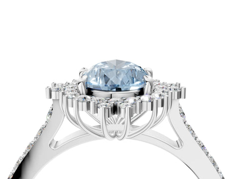 White gold Fancy Blue Pear Cut Cut Diamond Sunburst Halo Engagement Ring with Pavé Band_4