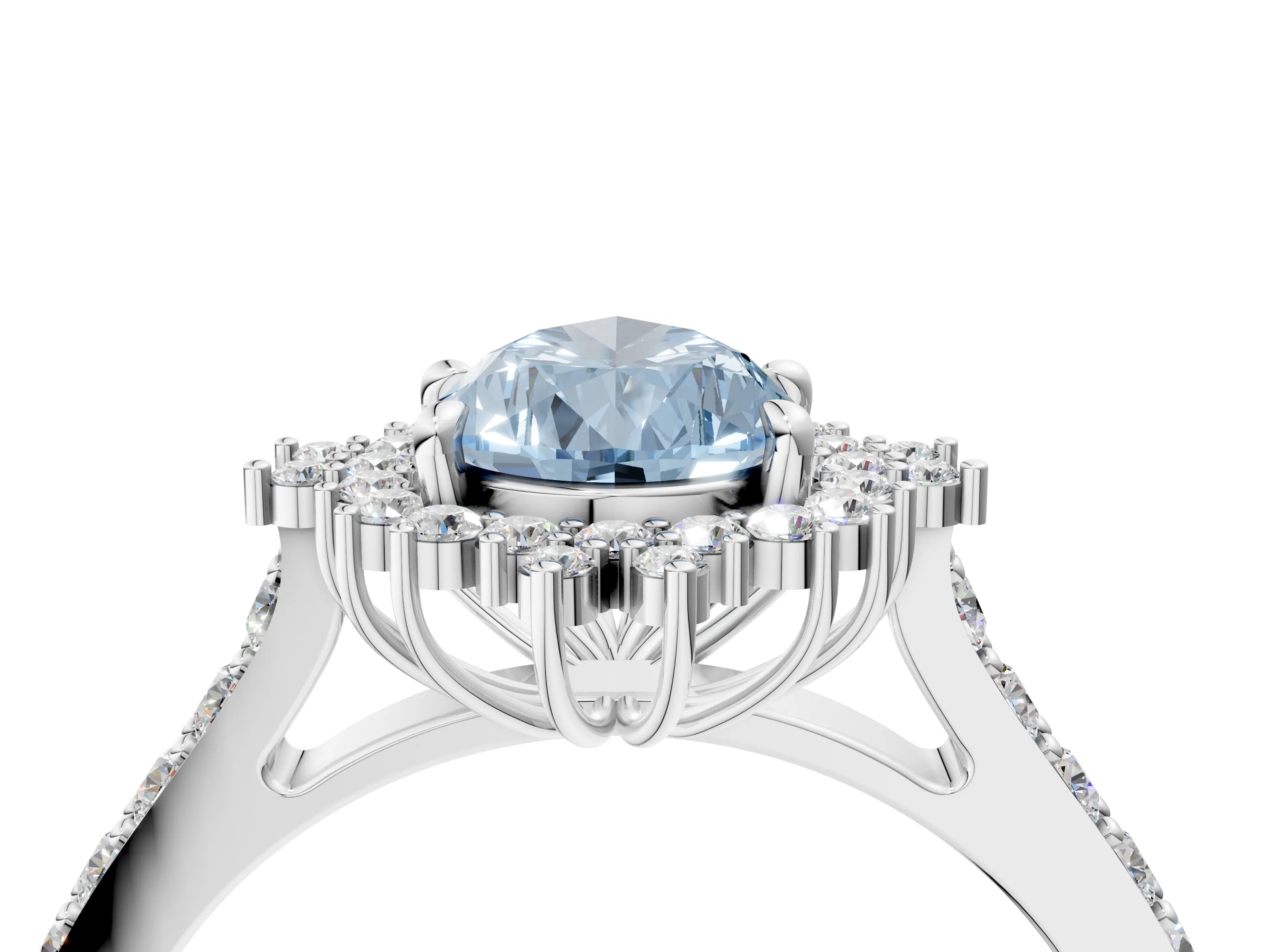 White gold Fancy Blue Pear Cut Cut Diamond Sunburst Halo Engagement Ring with Pavé Band_4