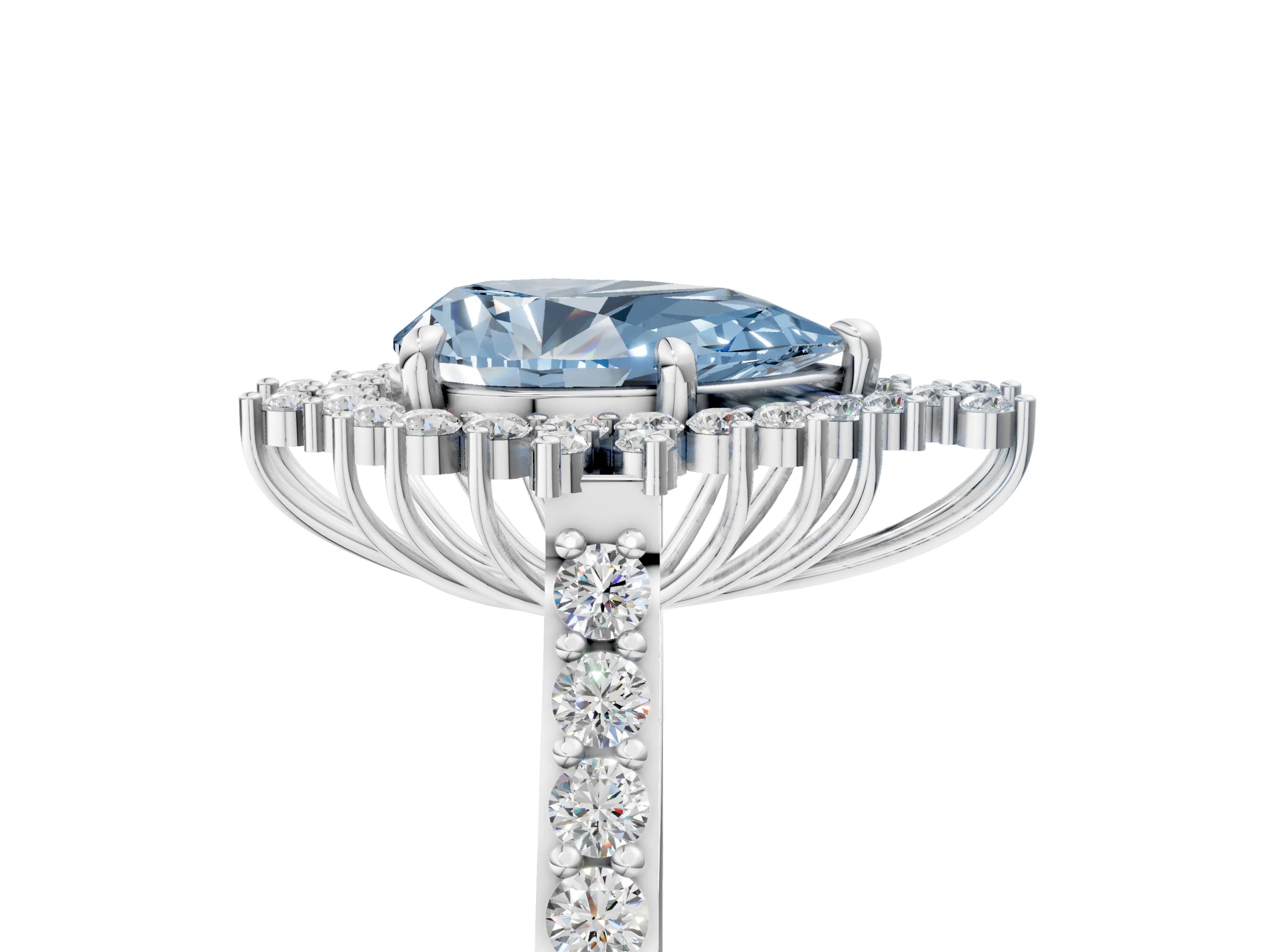 White gold Fancy Blue Pear Cut Cut Diamond Sunburst Halo Engagement Ring with Pavé Band_5