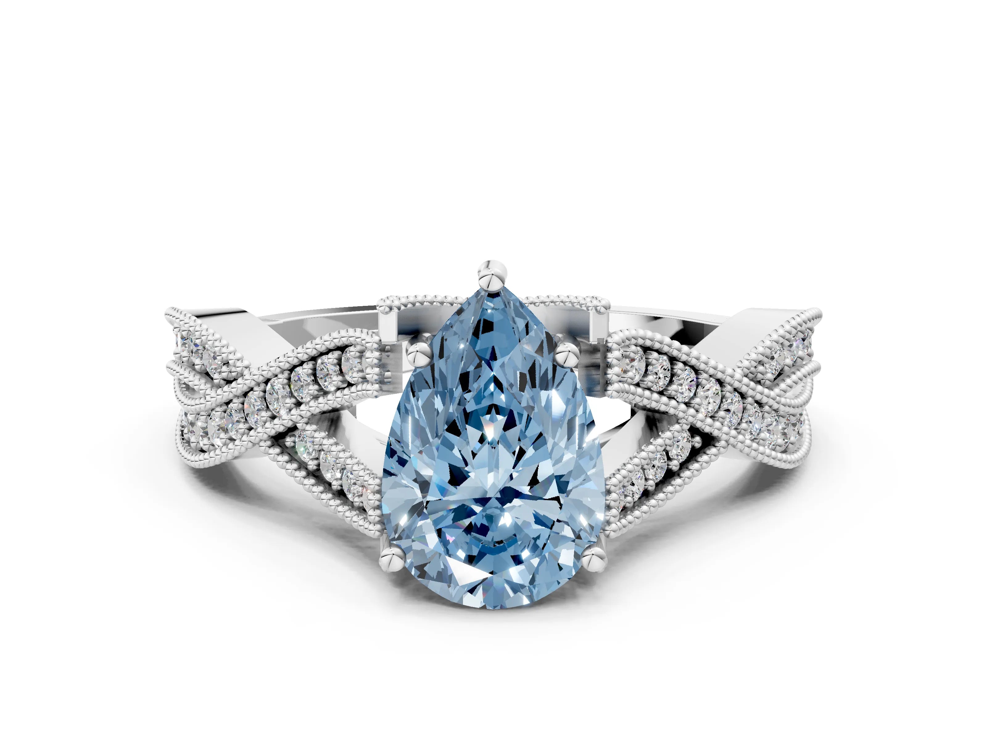 White gold Fancy Blue Pear Cut Cut Diamond Twisted Band with Milgrain Pave Setting and Four-Prong Setting_12
