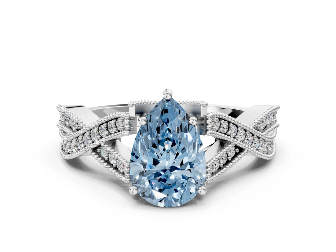 White gold Fancy Blue Pear Cut Cut Diamond Twisted Band with Milgrain Pave Setting and Four-Prong Setting_12
