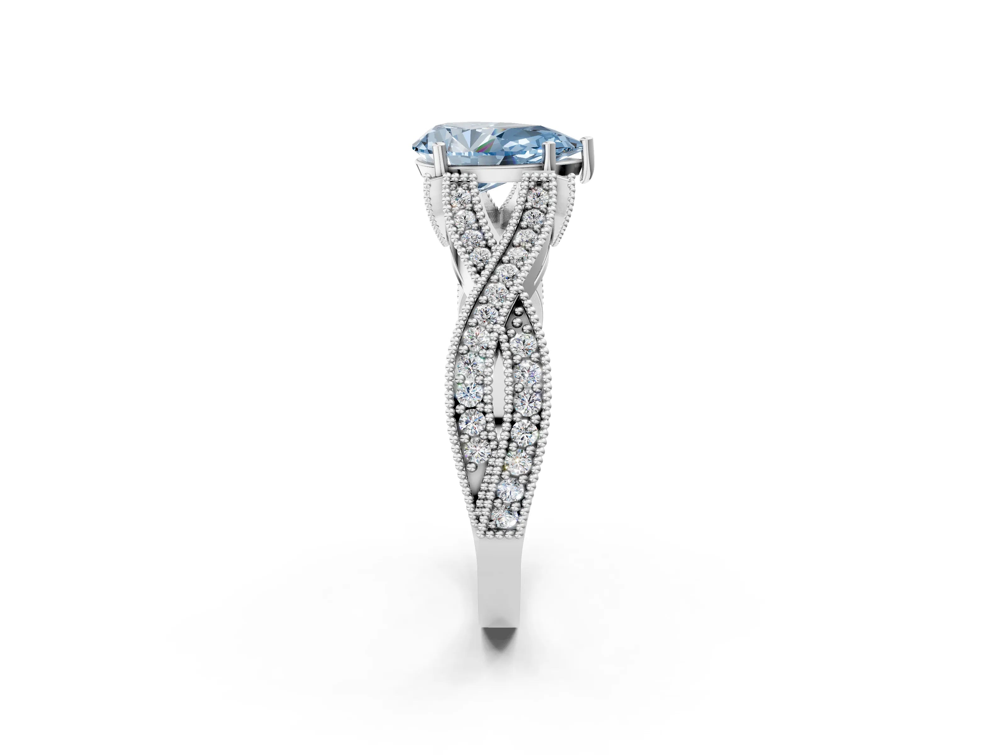 White gold Fancy Blue Pear Cut Cut Diamond Twisted Band with Milgrain Pave Setting and Four-Prong Setting_14