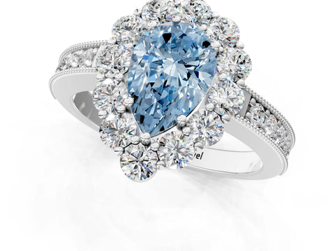 White gold Fancy Blue Pear Cut Cut Halo Diamond Pavé Engagement Ring with Milgrain Detailing_25
