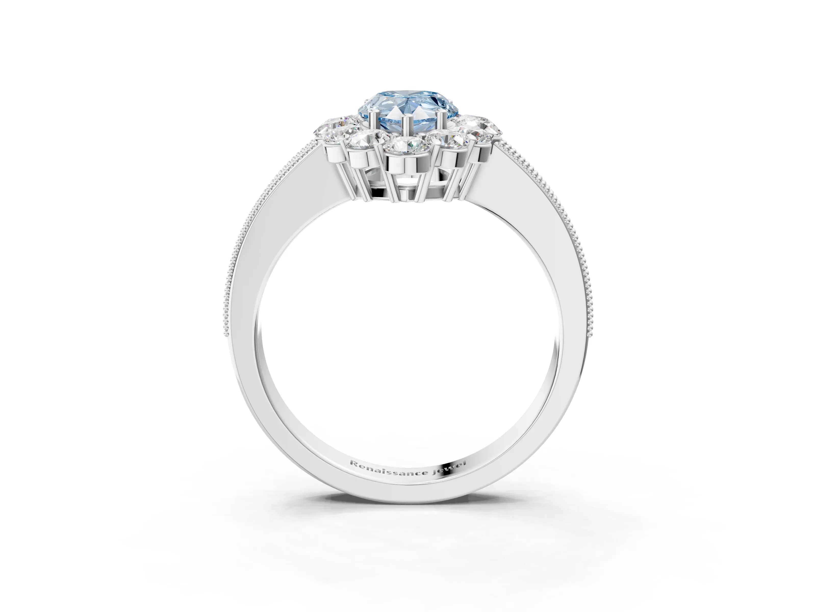 White gold Fancy Blue Pear Cut Cut Halo Diamond Pavé Engagement Ring with Milgrain Detailing_3