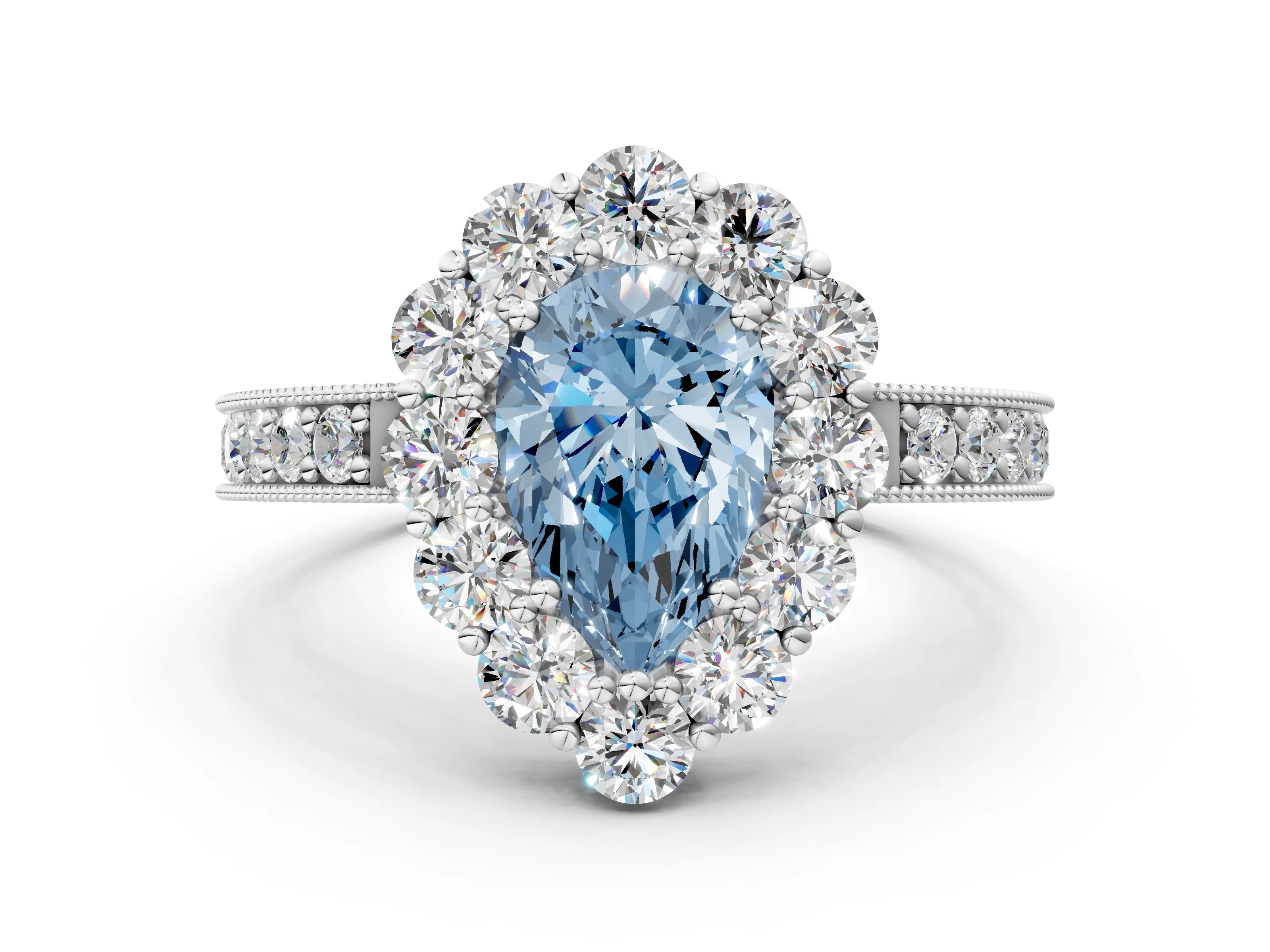 White gold Fancy Blue Pear Cut Cut Halo Diamond Pavé Engagement Ring with Milgrain Detailing_42