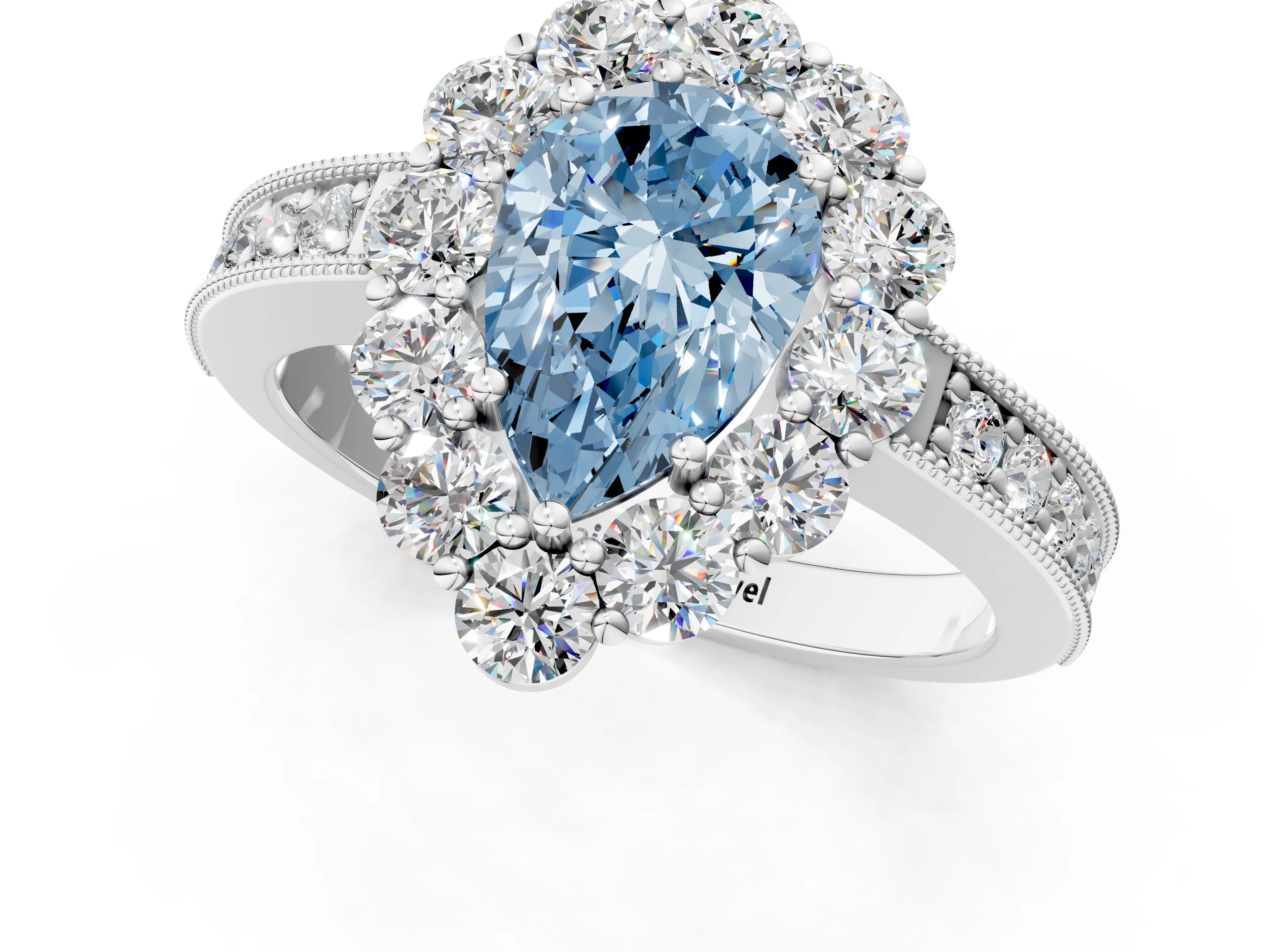 White gold Fancy Blue Pear Cut Cut Halo Diamond Pavé Engagement Ring with Milgrain Detailing_43
