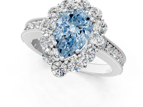 White gold Fancy Blue Pear Cut Cut Halo Diamond Pavé Engagement Ring with Milgrain Detailing_43