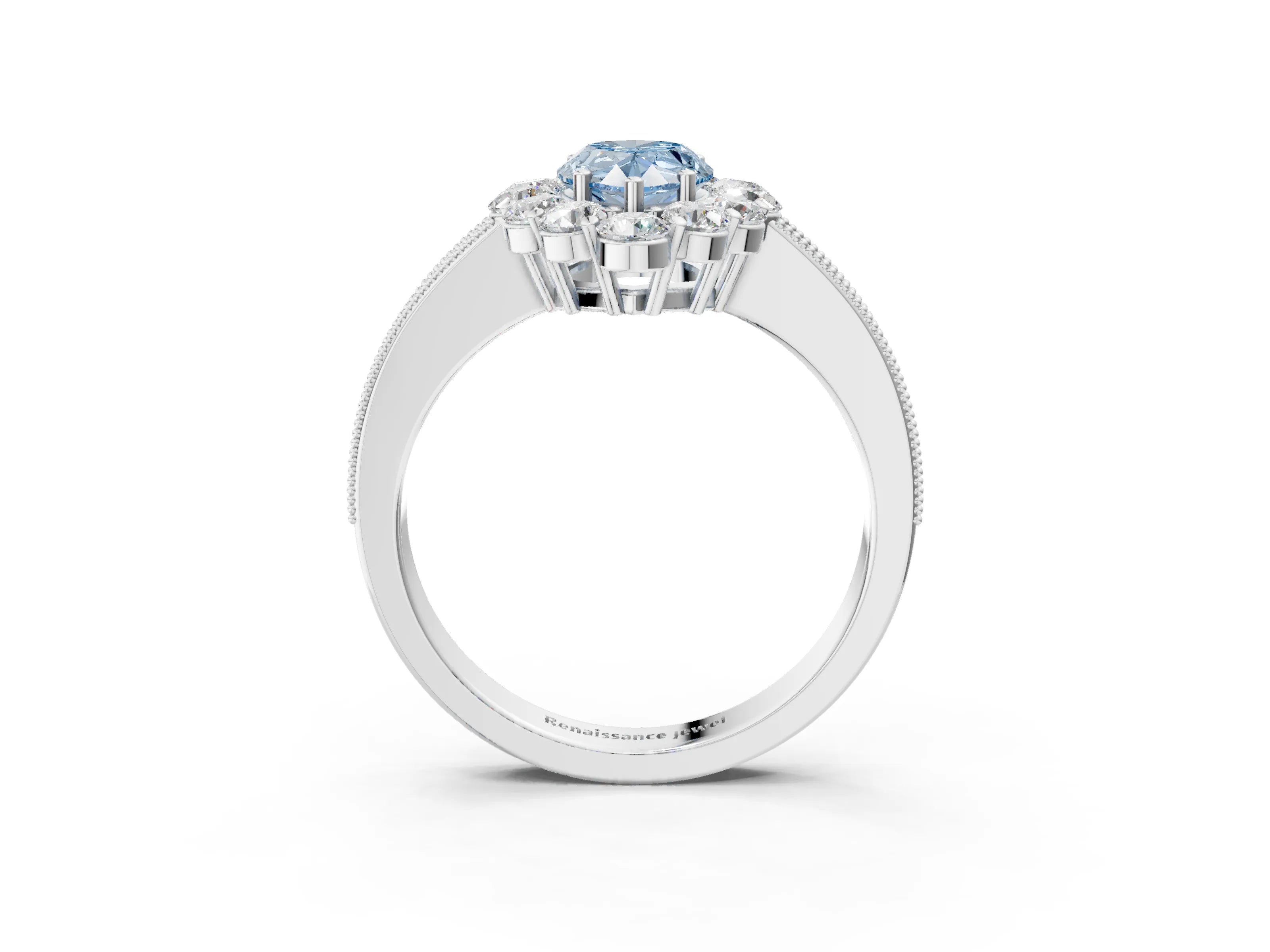 White gold Fancy Blue Pear Cut Cut Halo Diamond Pavé Engagement Ring with Milgrain Detailing_45