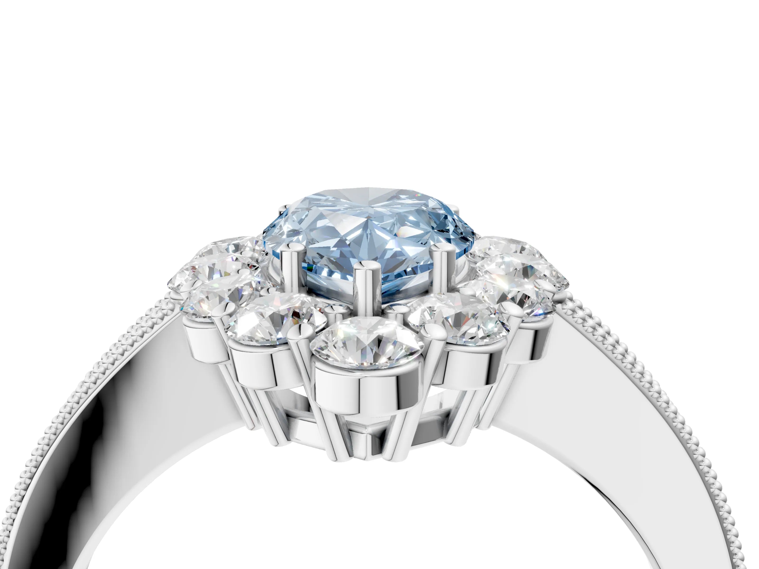 White gold Fancy Blue Pear Cut Cut Halo Diamond Pavé Engagement Ring with Milgrain Detailing_46