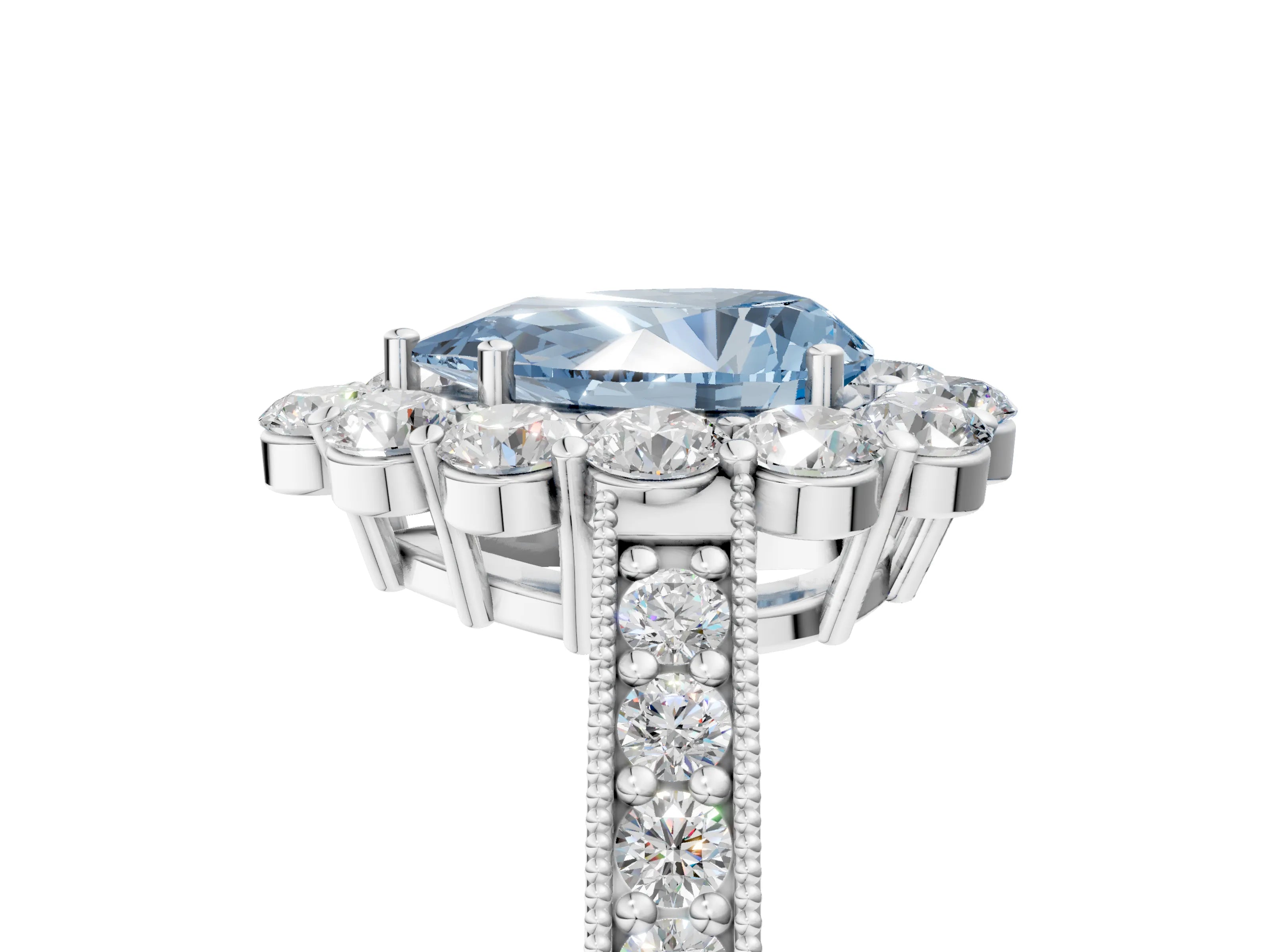 White gold Fancy Blue Pear Cut Cut Halo Diamond Pavé Engagement Ring with Milgrain Detailing_47