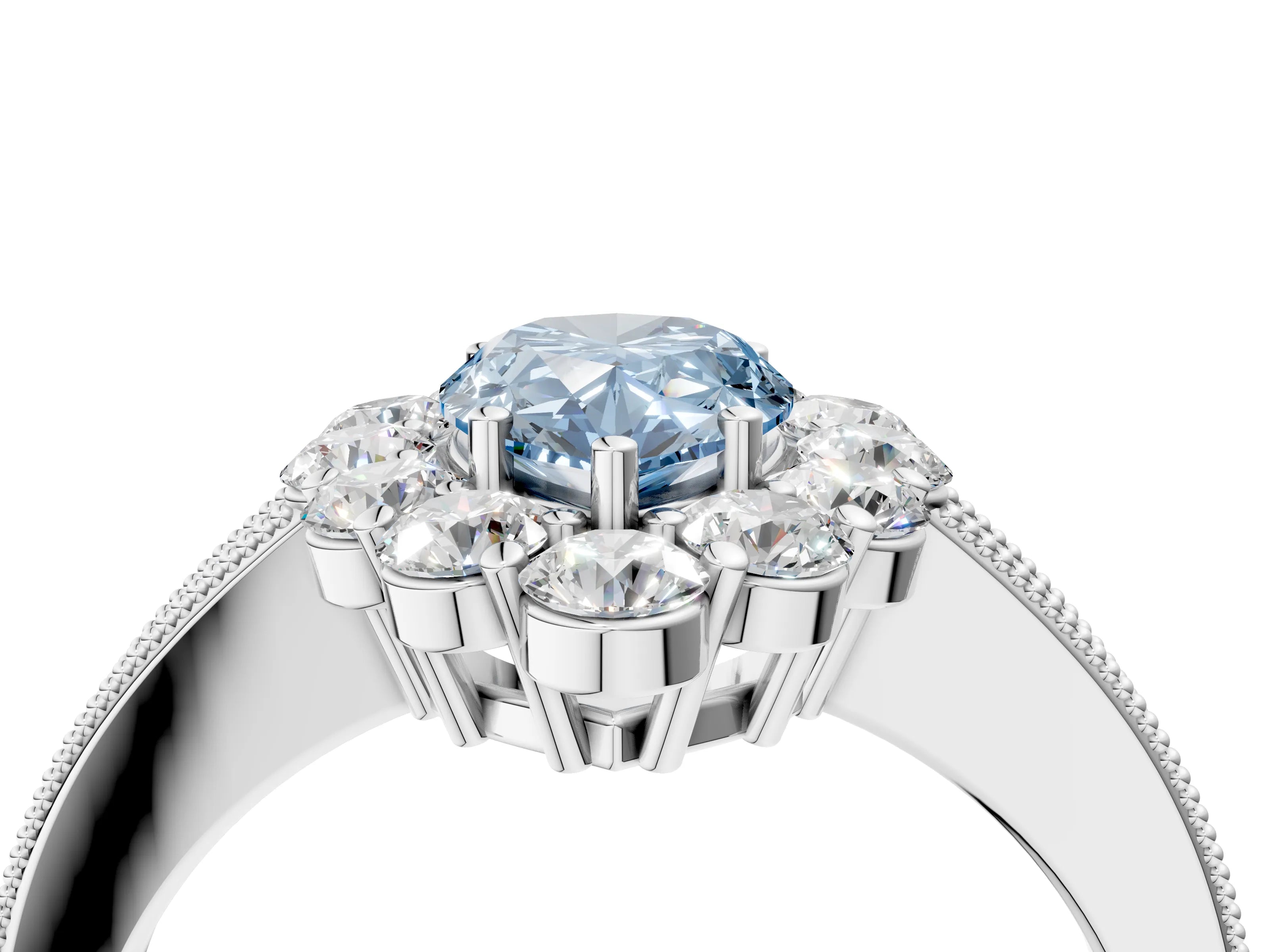 White gold Fancy Blue Pear Cut Cut Halo Diamond Pavé Engagement Ring with Milgrain Detailing_4