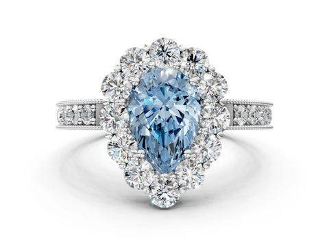 White gold Fancy Blue Pear Cut Cut Halo Diamond Pavé Engagement Ring with Milgrain Detailing