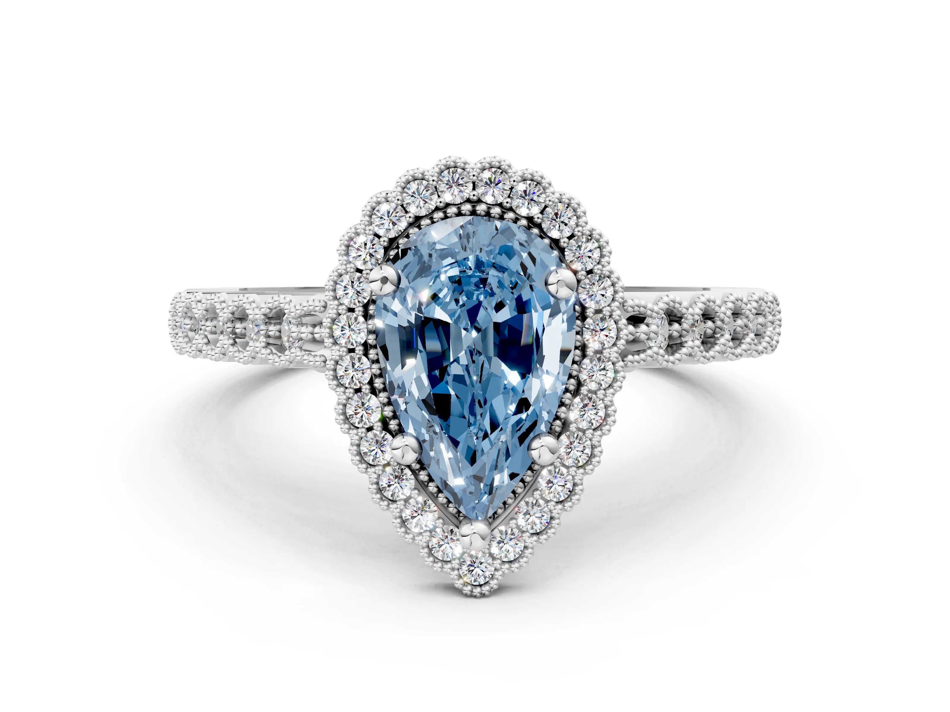 White gold Fancy Blue Pear Cut Cut Halo Pavé Solitaire Ring with Milgrain Band_12
