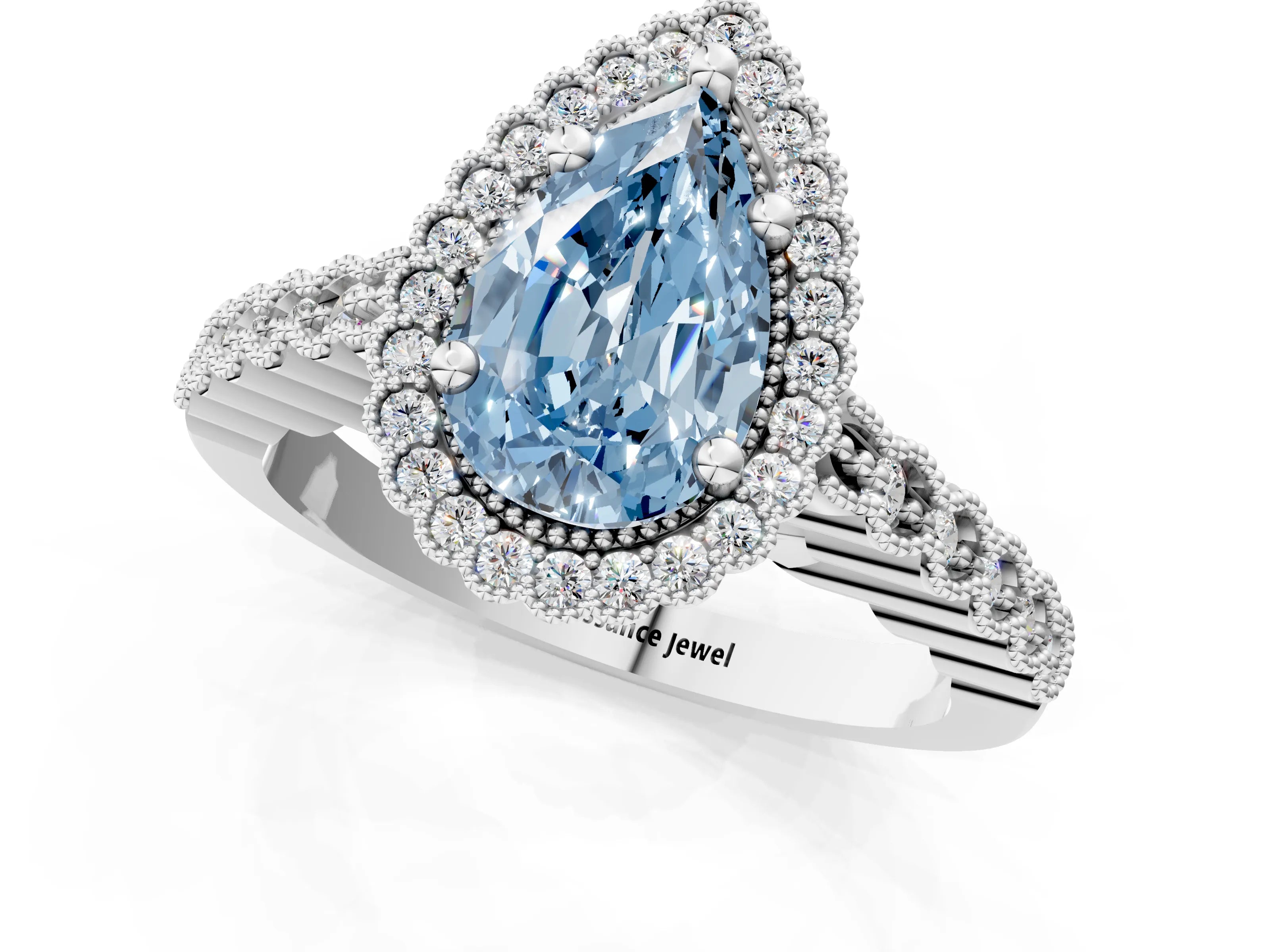 White gold Fancy Blue Pear Cut Cut Halo Pavé Solitaire Ring with Milgrain Band_13