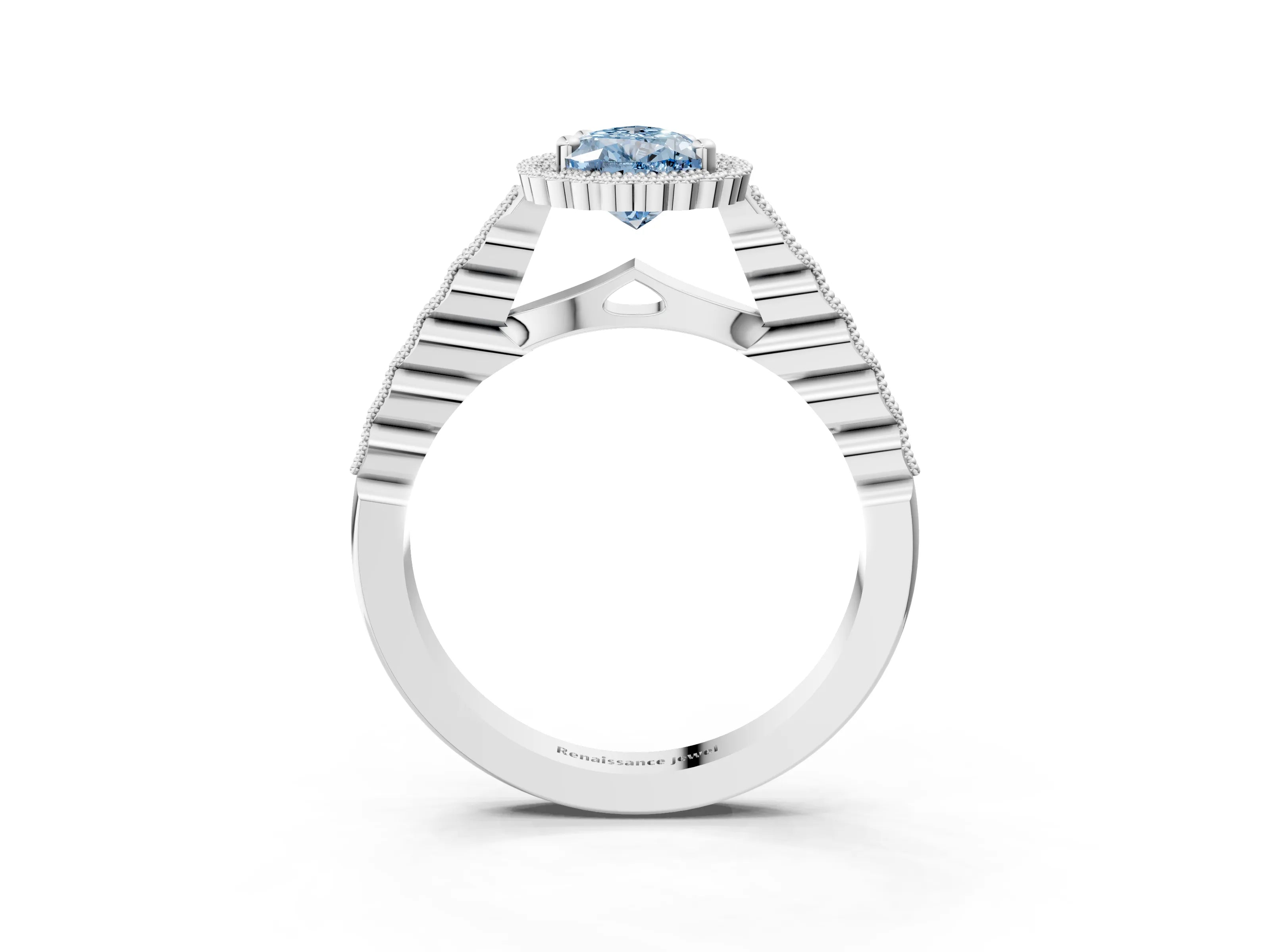 White gold Fancy Blue Pear Cut Cut Halo Pavé Solitaire Ring with Milgrain Band_15