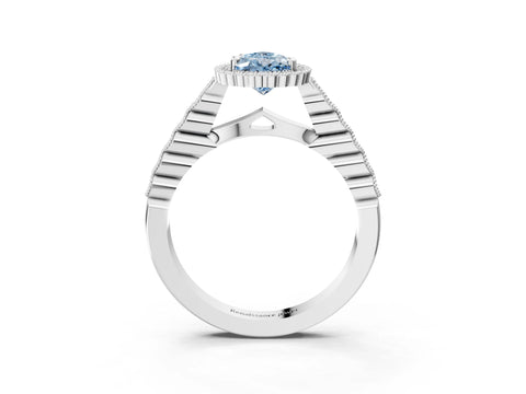 White gold Fancy Blue Pear Cut Cut Halo Pavé Solitaire Ring with Milgrain Band_15