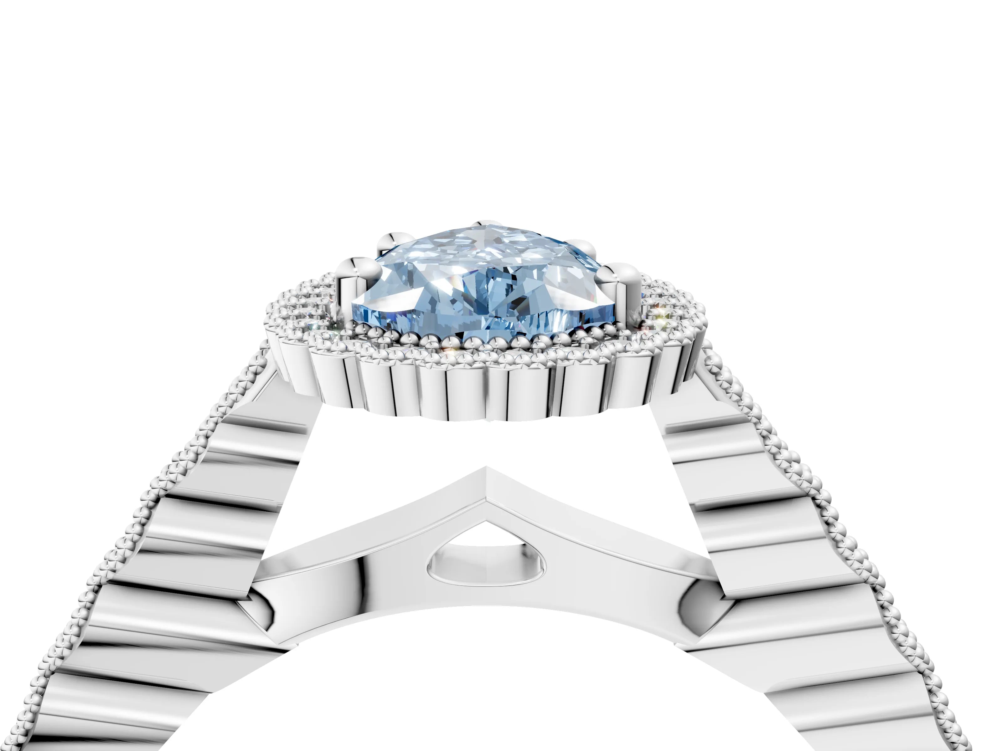 White gold Fancy Blue Pear Cut Cut Halo Pavé Solitaire Ring with Milgrain Band_16