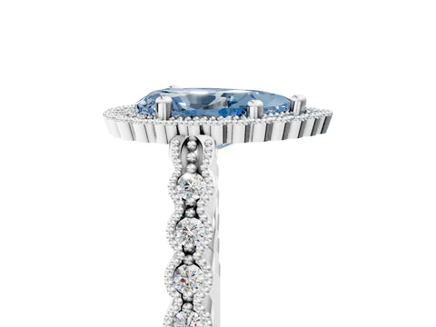 White gold Fancy Blue Pear Cut Cut Halo Pavé Solitaire Ring with Milgrain Band_17